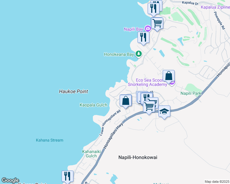 map of restaurants, bars, coffee shops, grocery stores, and more near 20 Hui Road East in Lahaina