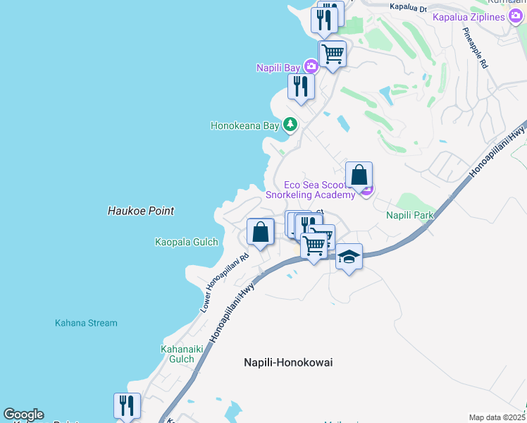 map of restaurants, bars, coffee shops, grocery stores, and more near 5045 Lower Honoapiilani Road in Lahaina