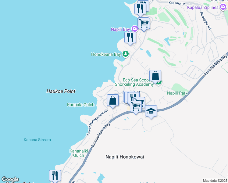 map of restaurants, bars, coffee shops, grocery stores, and more near 5045 Lower Honoapiilani Road in Lahaina