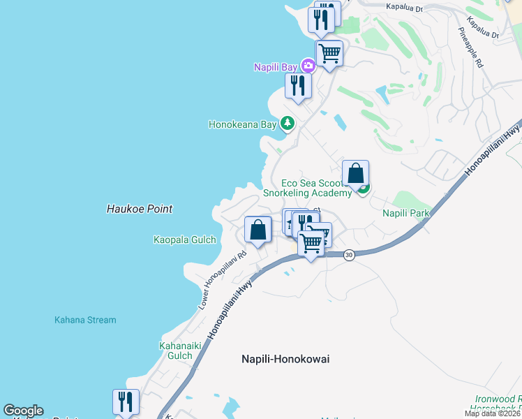 map of restaurants, bars, coffee shops, grocery stores, and more near 5025 Lower Honoapiilani Road in Lahaina