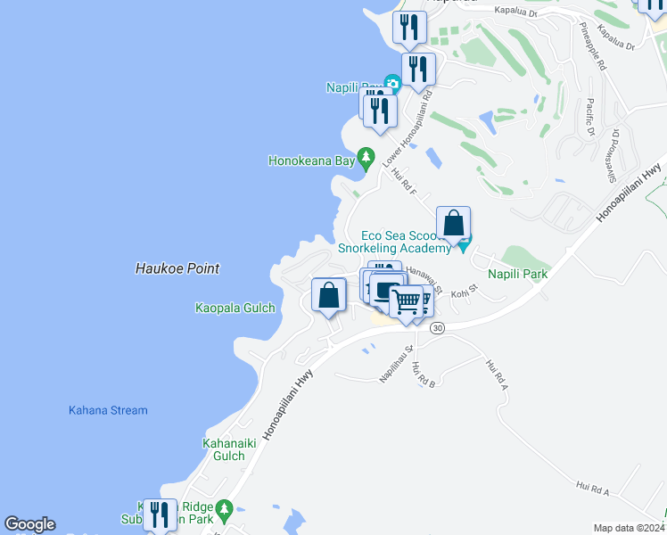 map of restaurants, bars, coffee shops, grocery stores, and more near 5045 Lower Honoapiilani Road in Lahaina
