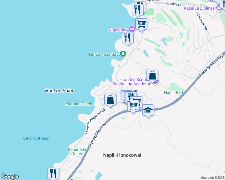 map of restaurants, bars, coffee shops, grocery stores, and more near 5045 Lower Honoapiilani Road in Lahaina