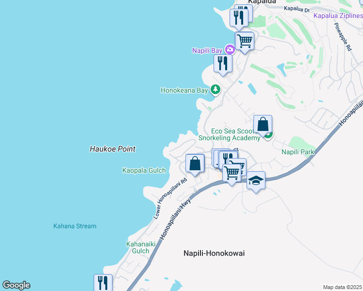 map of restaurants, bars, coffee shops, grocery stores, and more near 20 Hui Road East in Lahaina