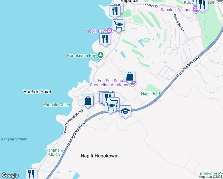 map of restaurants, bars, coffee shops, grocery stores, and more near 5111 Hanawai Street in Lahaina