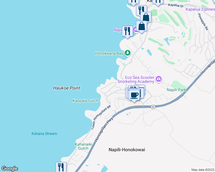 map of restaurants, bars, coffee shops, grocery stores, and more near 20 Hui Road East in Lahaina
