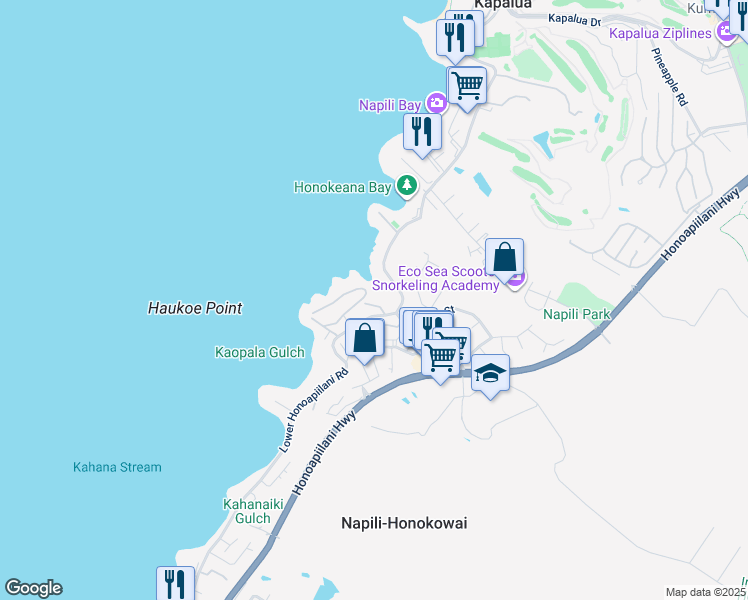 map of restaurants, bars, coffee shops, grocery stores, and more near 5045 Lower Honoapiilani Road in Lahaina