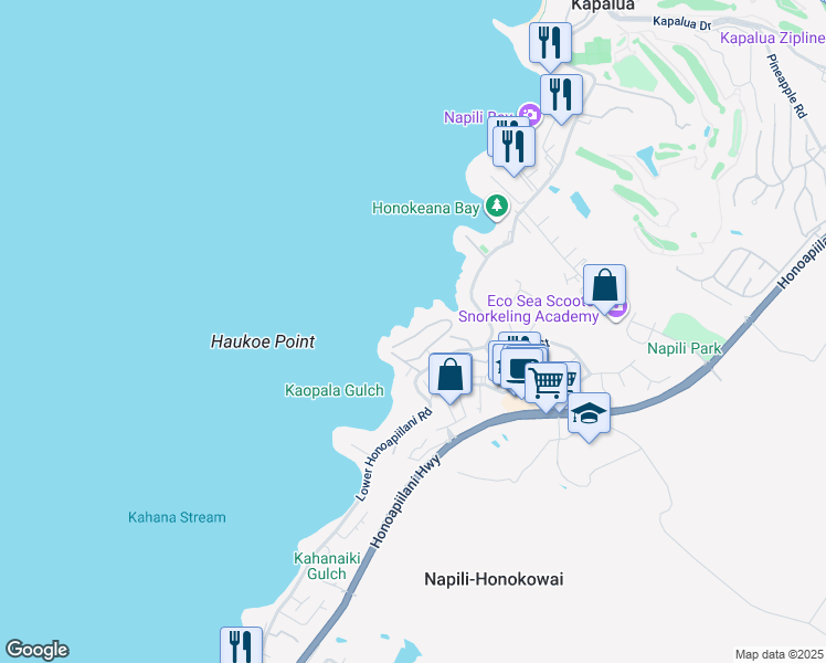 map of restaurants, bars, coffee shops, grocery stores, and more near 20 Hui Road East in Lahaina