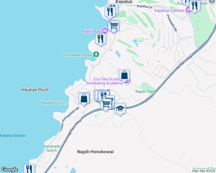 map of restaurants, bars, coffee shops, grocery stores, and more near 5152 Kipulu Place in Lahaina