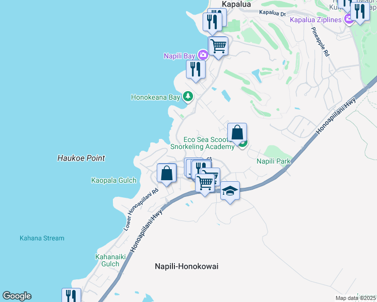 map of restaurants, bars, coffee shops, grocery stores, and more near 5106 Lower Honoapiilani Road in Lahaina