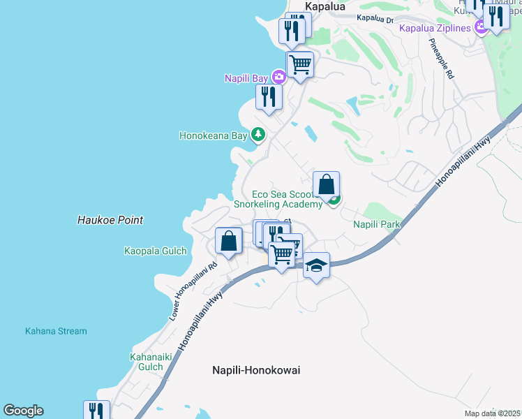 map of restaurants, bars, coffee shops, grocery stores, and more near 5106 Lower Honoapiilani Road in Lahaina