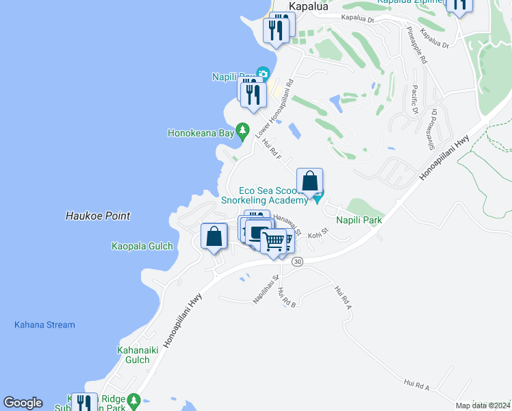 map of restaurants, bars, coffee shops, grocery stores, and more near 5150 Kupele Place in Lahaina