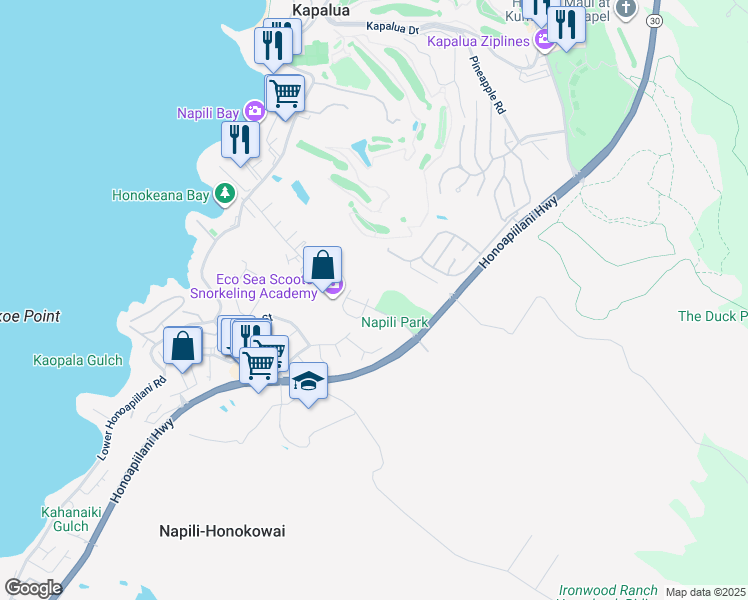 map of restaurants, bars, coffee shops, grocery stores, and more near 16 Hooia Place in Lahaina