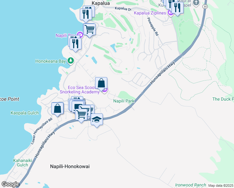 map of restaurants, bars, coffee shops, grocery stores, and more near 16 Hooia Place in Lahaina