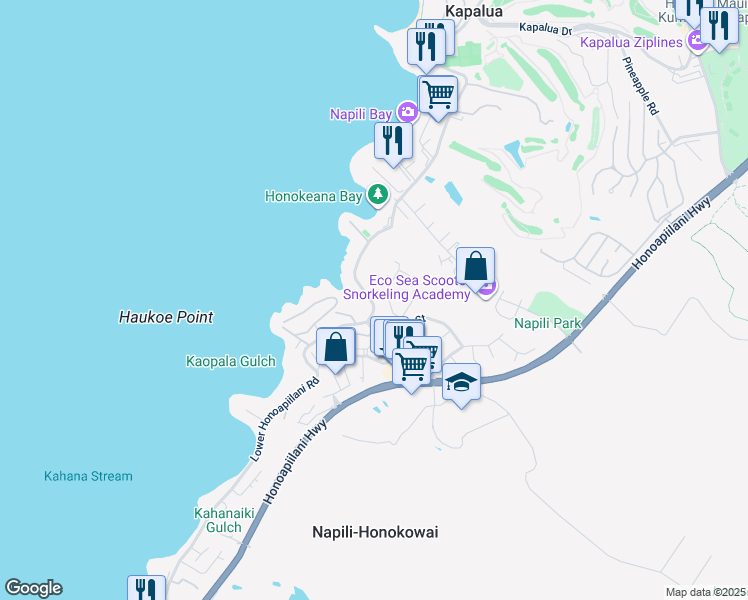 map of restaurants, bars, coffee shops, grocery stores, and more near 5110 Lower Honoapiilani Road in Lahaina