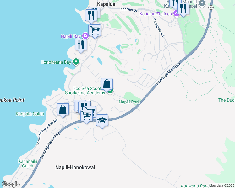 map of restaurants, bars, coffee shops, grocery stores, and more near 86 Maiha Street in Lahaina