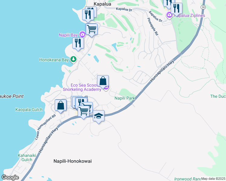 map of restaurants, bars, coffee shops, grocery stores, and more near 86 Maiha Street in Lahaina