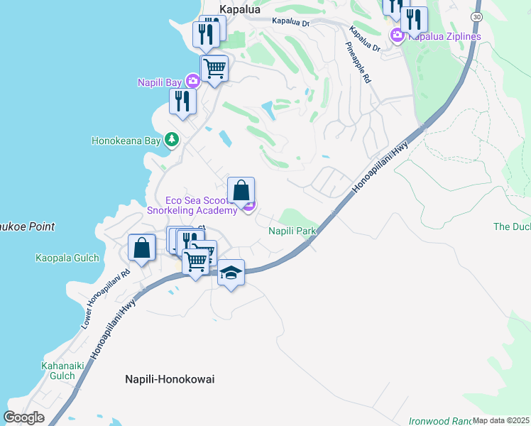 map of restaurants, bars, coffee shops, grocery stores, and more near 86 Maiha Street in Lahaina