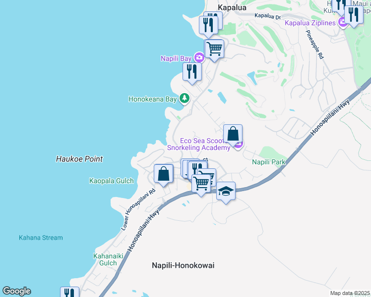 map of restaurants, bars, coffee shops, grocery stores, and more near 5110 Lower Honoapiilani Road in Lahaina