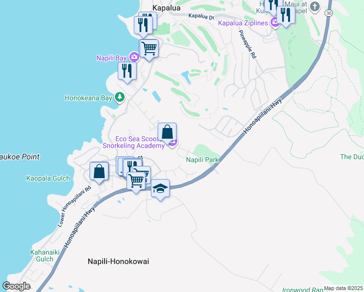 map of restaurants, bars, coffee shops, grocery stores, and more near 94 Maiha Street in Lahaina