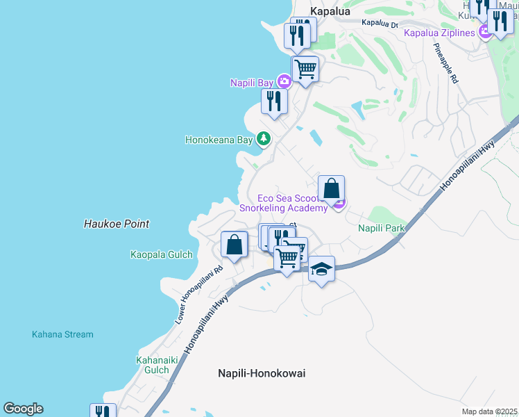 map of restaurants, bars, coffee shops, grocery stores, and more near 5122 Lower Honoapiilani Road in Lahaina