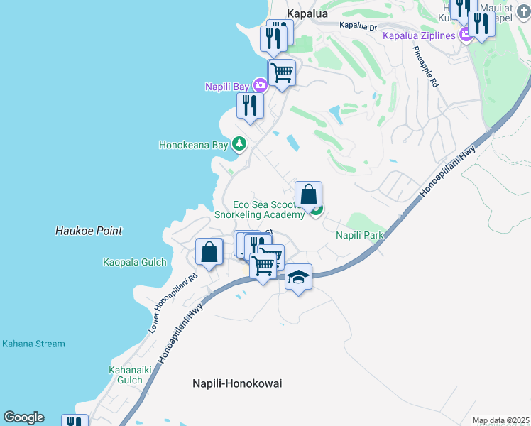 map of restaurants, bars, coffee shops, grocery stores, and more near 5155 Kipulu Place in Lahaina