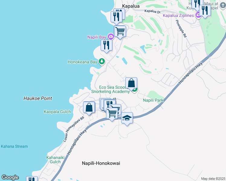 map of restaurants, bars, coffee shops, grocery stores, and more near 5155 Kipulu Place in Lahaina