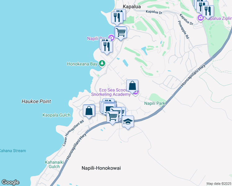 map of restaurants, bars, coffee shops, grocery stores, and more near 5166 Kipulu Place in Lahaina