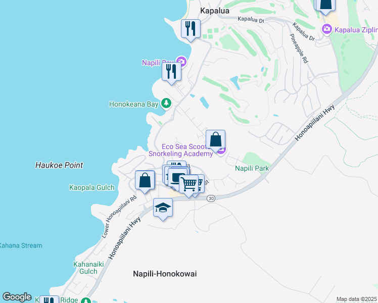 map of restaurants, bars, coffee shops, grocery stores, and more near 5166 Kipulu Place in Lahaina