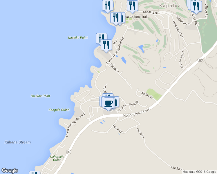 map of restaurants, bars, coffee shops, grocery stores, and more near 5150 Kupele Place in Lahaina