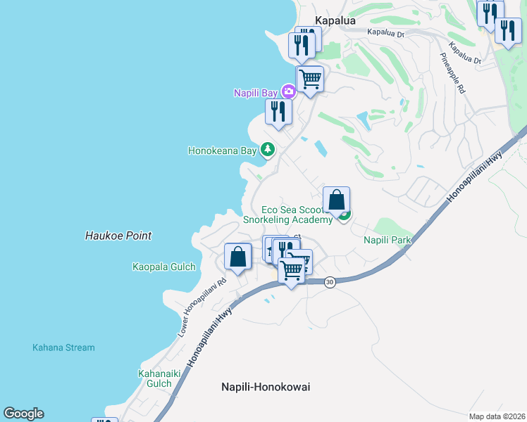 map of restaurants, bars, coffee shops, grocery stores, and more near 5131 Lower Honoapiilani Road in Lahaina