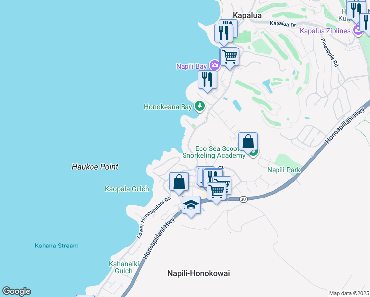 map of restaurants, bars, coffee shops, grocery stores, and more near 5157 Lower Honoapiilani Road in Lahaina