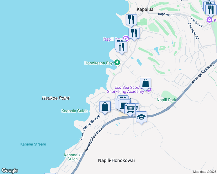 map of restaurants, bars, coffee shops, grocery stores, and more near 5157 Lower Honoapiilani Road in Lahaina