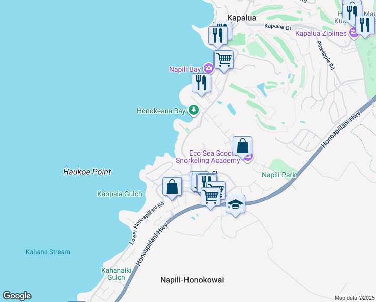 map of restaurants, bars, coffee shops, grocery stores, and more near 5150 Lower Honoapiilani Road in Lahaina