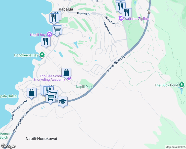 map of restaurants, bars, coffee shops, grocery stores, and more near 120 Pulelehua Place in Lahaina