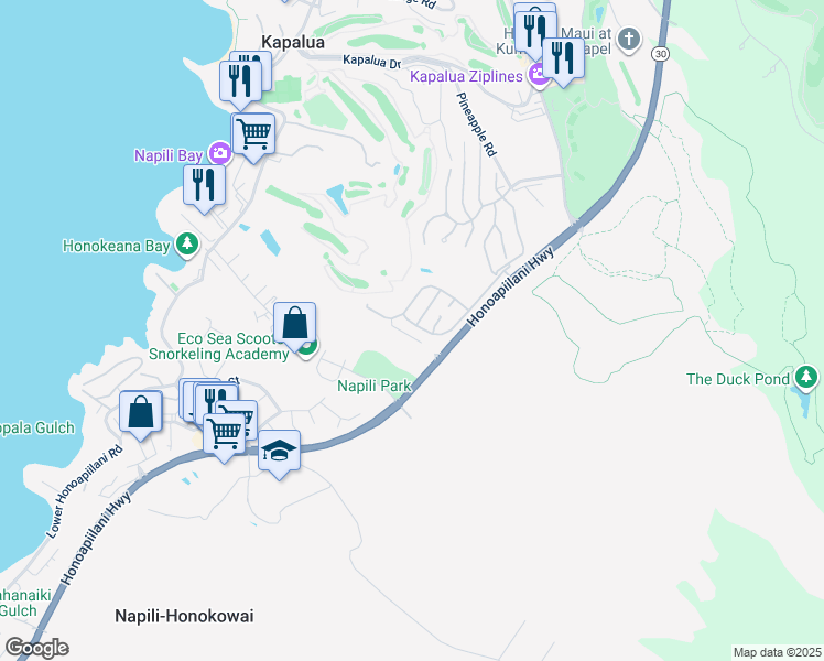 map of restaurants, bars, coffee shops, grocery stores, and more near 120 Pulelehua Place in Lahaina
