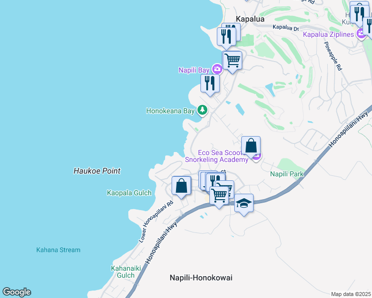 map of restaurants, bars, coffee shops, grocery stores, and more near 5163 Lower Honoapiilani Road in Lahaina