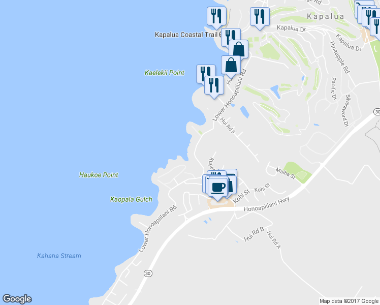 map of restaurants, bars, coffee shops, grocery stores, and more near 5163 Lower Honoapiilani Road in Lahaina