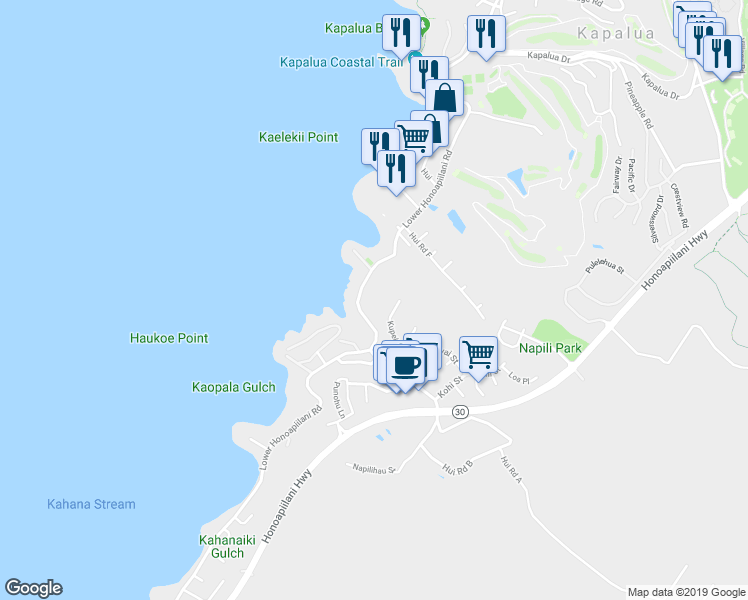 map of restaurants, bars, coffee shops, grocery stores, and more near 5172 Lower Honoapiilani Road in Lahaina