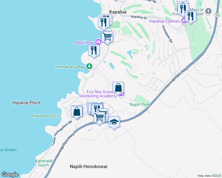 map of restaurants, bars, coffee shops, grocery stores, and more near 120 Hui Road F in Lahaina