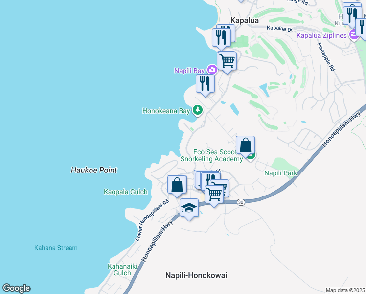 map of restaurants, bars, coffee shops, grocery stores, and more near 5165 Lower Honoapiilani Road in Lahaina