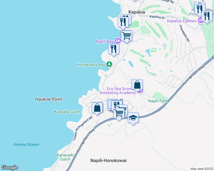 map of restaurants, bars, coffee shops, grocery stores, and more near 5172 Lower Honoapiilani Road in Lahaina