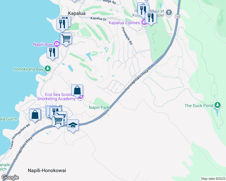 map of restaurants, bars, coffee shops, grocery stores, and more near 232 Crestview Road in Lahaina