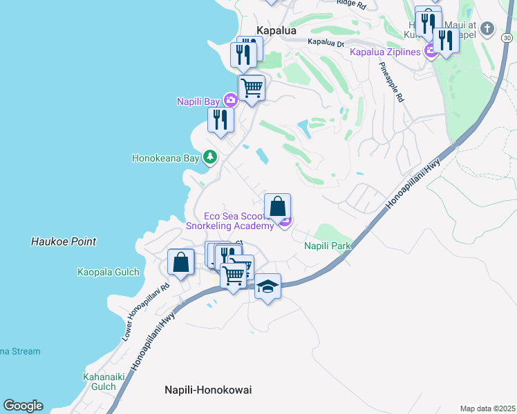 map of restaurants, bars, coffee shops, grocery stores, and more near 120 Hui Road F in Lahaina