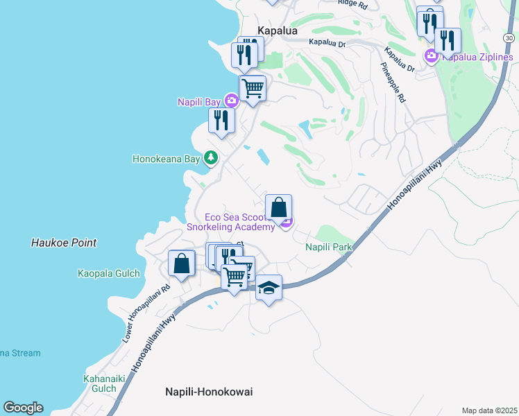 map of restaurants, bars, coffee shops, grocery stores, and more near 120 Hui Road F in Lahaina