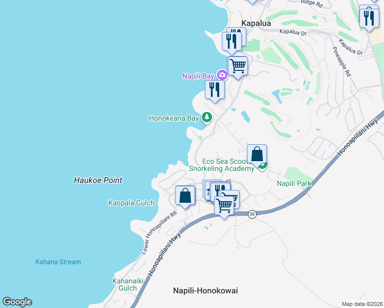 map of restaurants, bars, coffee shops, grocery stores, and more near 5187 Lower Honoapiilani Road in Lahaina