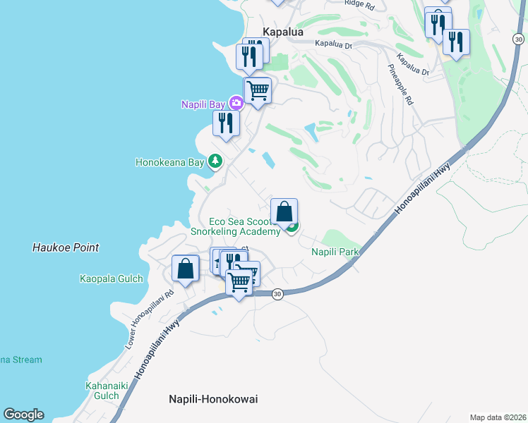 map of restaurants, bars, coffee shops, grocery stores, and more near 121 Hui Road F in Lahaina