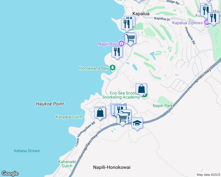 map of restaurants, bars, coffee shops, grocery stores, and more near 5184 Lower Honoapiilani Road in Lahaina