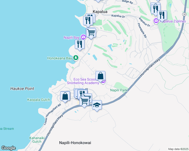map of restaurants, bars, coffee shops, grocery stores, and more near 120 Hui Road F in Lahaina