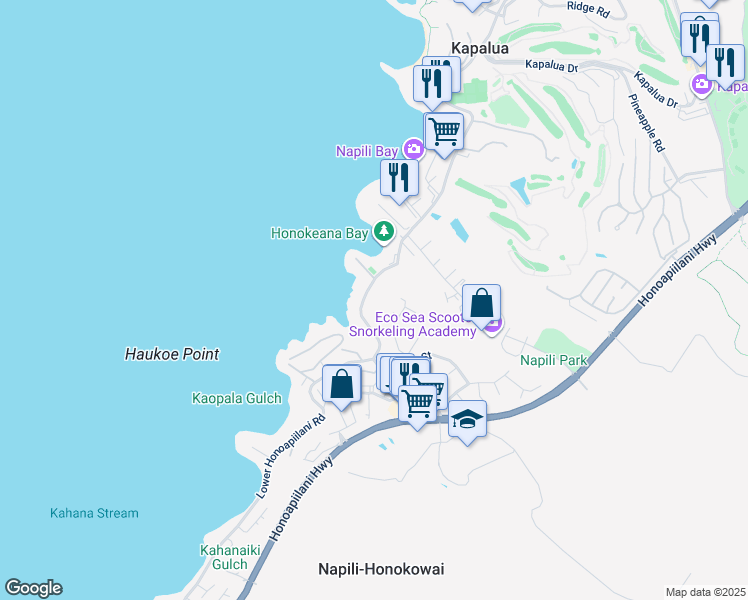 map of restaurants, bars, coffee shops, grocery stores, and more near 5184 Lower Honoapiilani Road in Lahaina