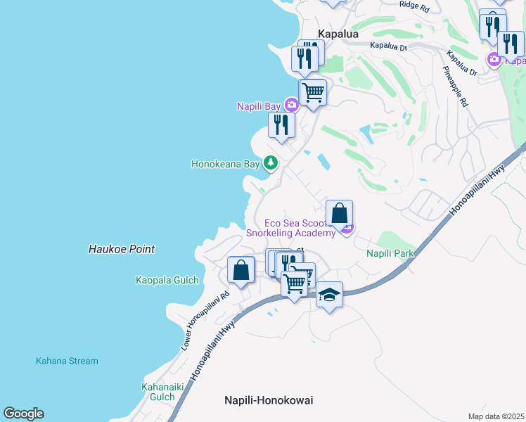 map of restaurants, bars, coffee shops, grocery stores, and more near 5184 Lower Honoapiilani Road in Lahaina
